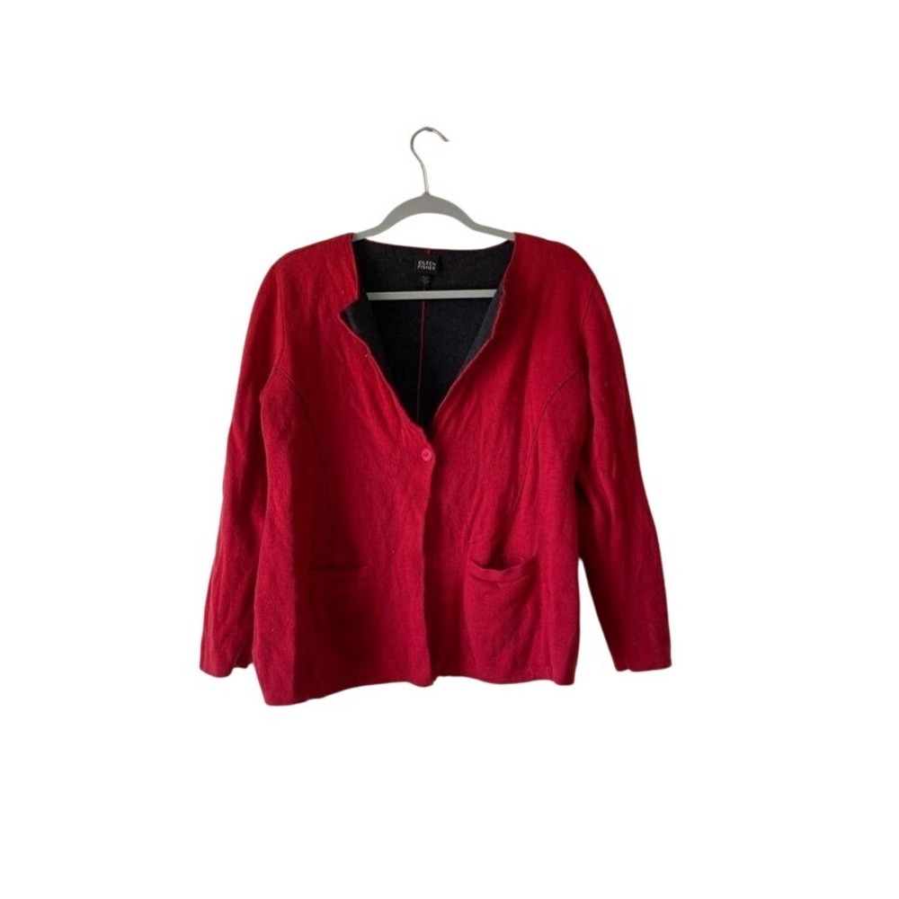 Eileen Fisher Red Italian Merino Wool Single Button Cardigan Sweater Small‎